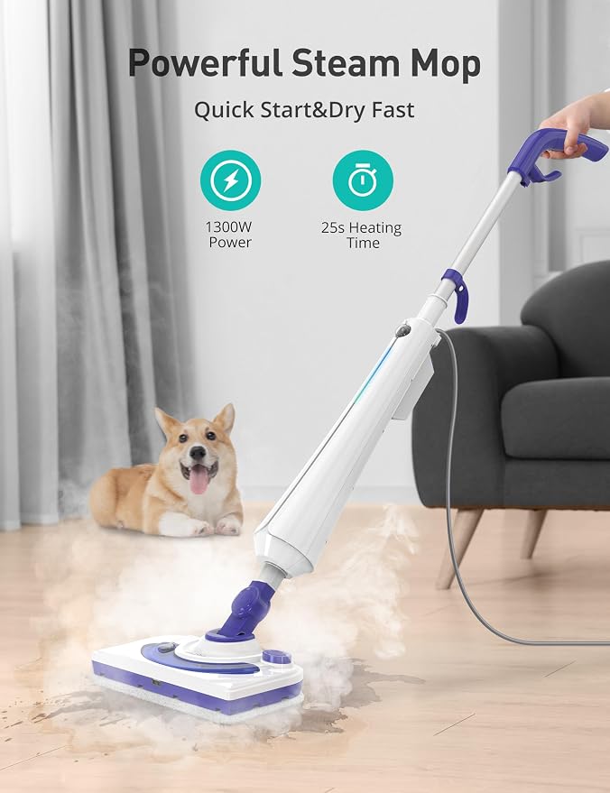 Professional Steam Mop Cleaner, 1300W Floor Steamer with Detergent Chamber, 25S Heat Up, Lightweight Steamer for Cleaning with 2 Washable Pads, Safe for Tiles, Upholstery, Carpet, Hardwood, Azure