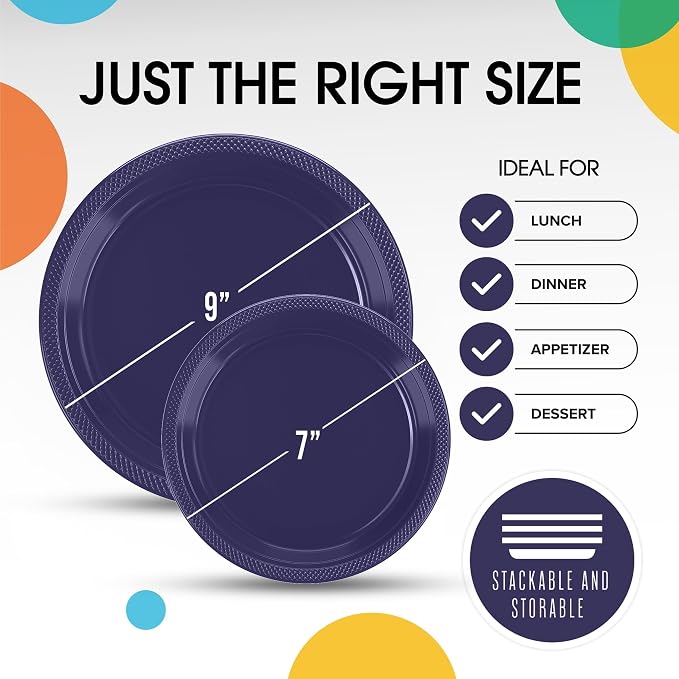 Exquisite Party Solids Navy Plates Disposable Navy Plastic Plates 100 Pieces - 50-7" & 50-9" Heavy Duty 350 GSM Disposable Dinnerware Sets, Plastic Dinnerware Sets