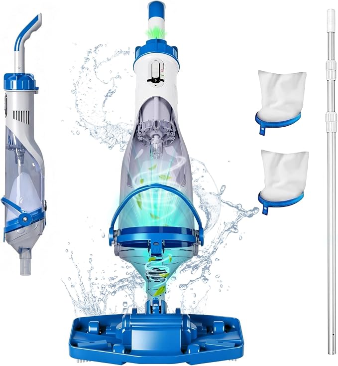 Cordless Handheld Pool Vacuum with Telescopic Pole, Rechargeable Hot Tub SPA Vacuum, Rectangular Brush, Powerful Suction, 60Min Runtime, Pools up to 88", Portable Pool Cleaner w/2 Filter Bags