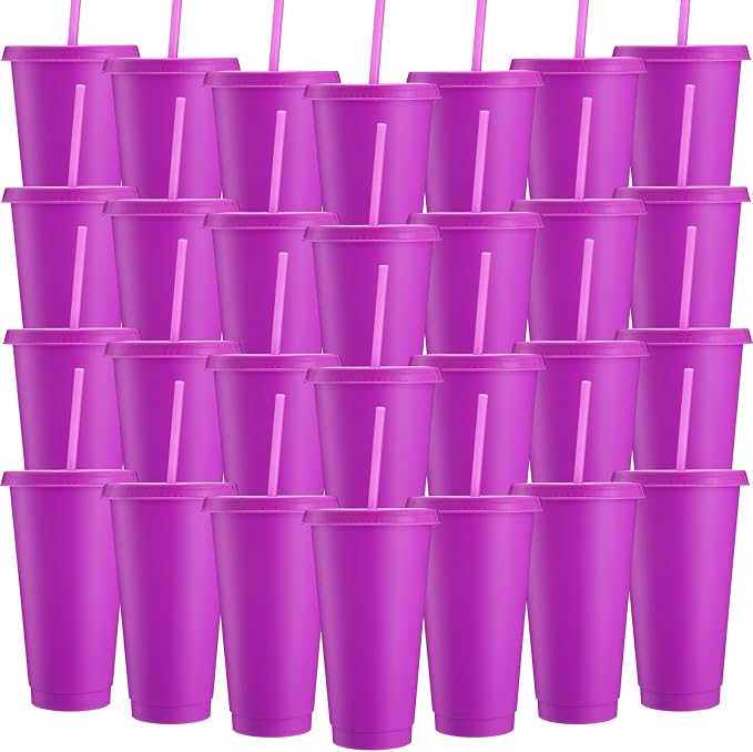 Honeydak 60 Pack Tumbler with Straw and Lid Bulk Cups for Gifts Water Bottle Iced Coffee Travel Mug Cup Reusable Plastic Tumblers for Party Birthdays 24-27 oz (Light Purple Color)