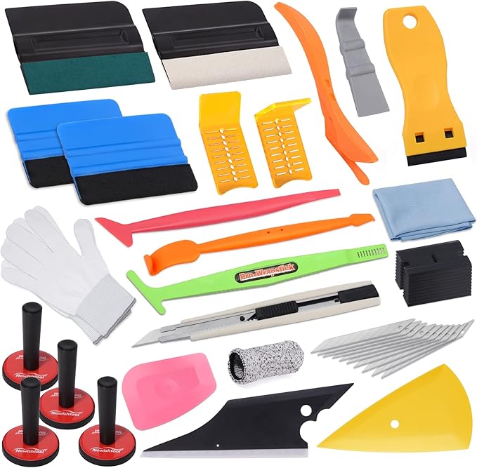 Pro Vinyl Wraps Applicator Tool Kit Window Tint Film Car Wrapping Tools Includes Felt Squeegees, Plastic Scraper, Wrap Knife and Blades, Magnetic Holders, Cleaning Cloth, Gloves and Finger Sleeve