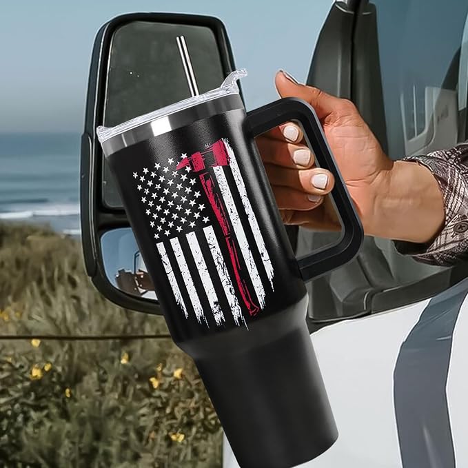 Ceovfoi Firefighter Gifts for Men,40 oz American Flag Tumbler with Handle Lid and Straw Stainless Steel Cups Mug, Firefighter Stuff Supplies Accessories