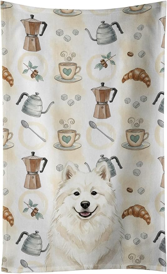 Caroline's Treasures Cream Samoyed Coffee Bar Kitchen Towel Velour Plush Front and Cotton Loop Back Machine Washable