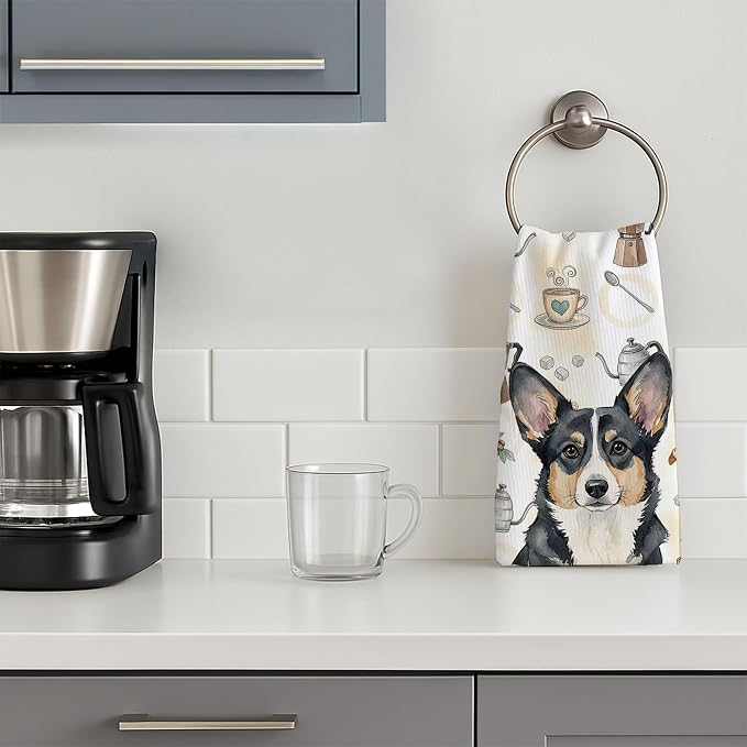 Caroline's Treasures Black and White Cardigan Welsh Corgi Coffee Bar Kitchen Towel Velour Plush Front and Cotton Loop Back Machine Washable