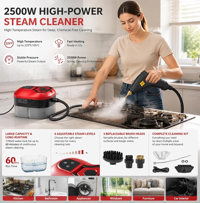 2500W Portable Handheld Steam Cleaner–High-Pressure Home Steamer for Deep Cleaning Floors, Tiles, Kitchen, Bathroom, Upholstery