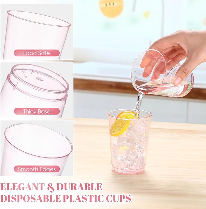 Teenyyou 150 Pcs Valentine's Day Pink Plastic Cups 10 oz Disposable Wedding Cups Heavy Duty Plastic Cup Fancy Cocktail Cup Drinking Tumbler for Valentine's Day Gatherings Parties Wedding
