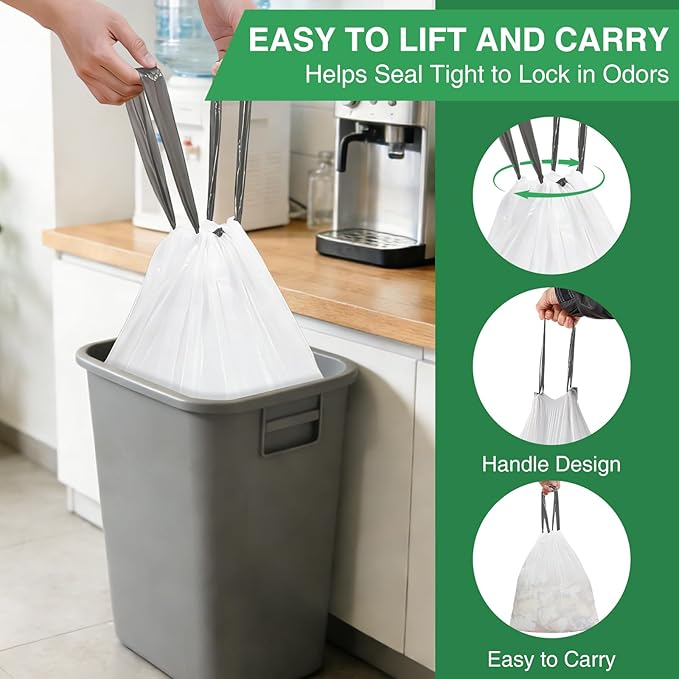 80 Counts 8 Gallon Trash Bag Drawstring Small Trash Bags, Thick Pre-separated Garbage Bags, Trash Bin Liners, Suitable for bathroom, kitchen, bedroom, office (White)