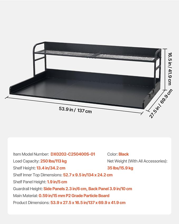 VEVOR Washer Dryer Countertop with Shelf, 54 x 27 in Wooden Washer and Dryer Topper with Shelf and 2 Hooks, Laundry Machine Topper for Laundry Closet Pantry Counter Organization and Storage, Black