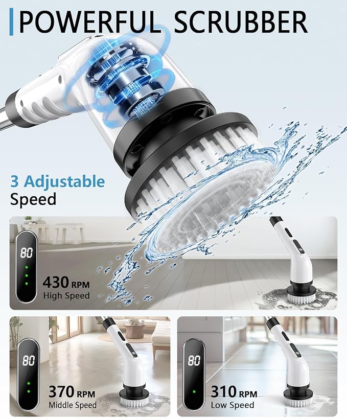 Electric Spin Scrubber Cordless - 3 Speed Rechargeable, Adjustable & Detachable Handle, 9 in 1 Brush Heads Power Scrub Brushes for Cleaning Supplies Shower Bathroom Tub Kitchen Tile Floor