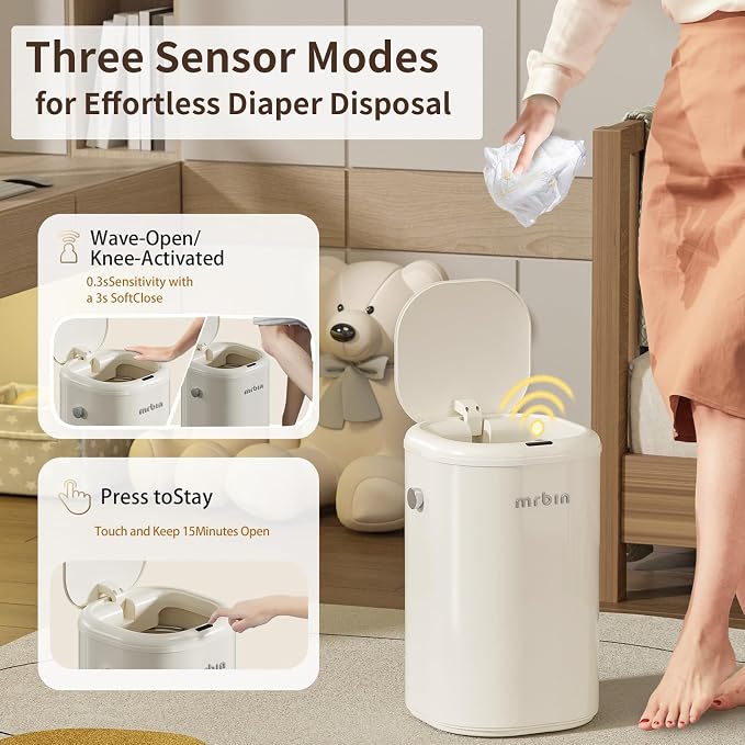 MRBIN Metal Motion Sensor Adsorption Diaper Pail Refills with Lid, 8gal / 30L Covered Touchless Square Baby Adult Trash Can, Pet Litter Garbage Bucket for Nursery Bedside, Bathroom, Toilet, White