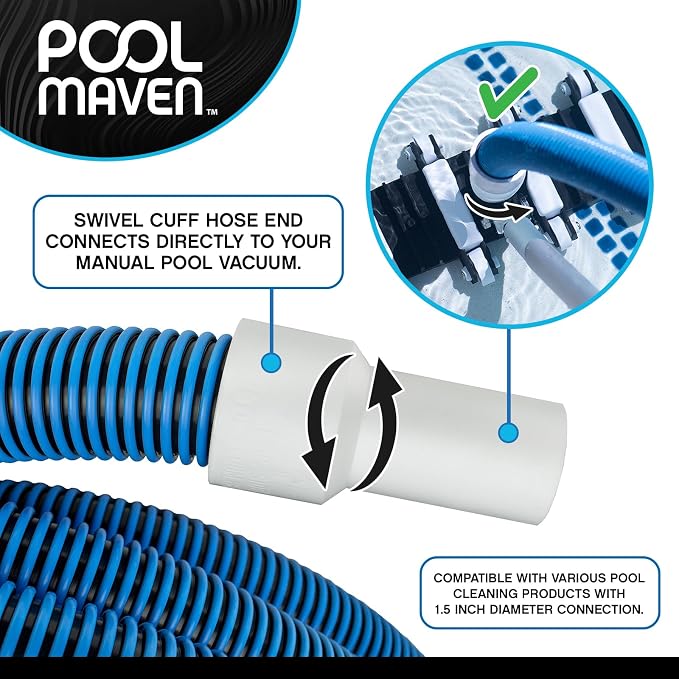 Heavy-Duty Manual Pool Vacuum Hose, 50 Ft x 1-1/2”, Kink-Free Swivel Cuff, Professional Grade Spiral-Wound Design, UV & Chemical Resistant for Inground & Above Ground Pools, Made in USA