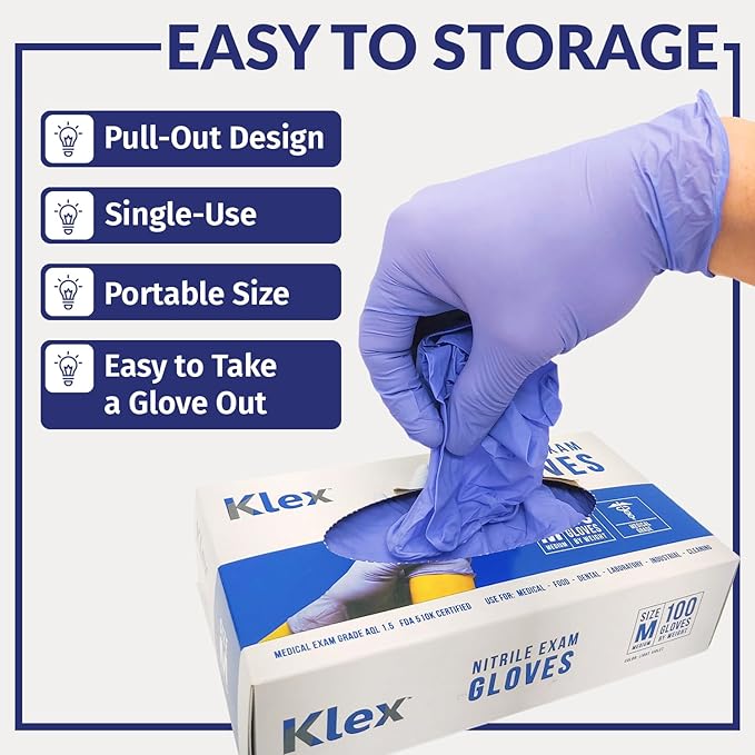 Klex Nitrile Exam Gloves - Medical Grade, Powder Free, Rubber Latex Free, Food Safe, Lavender