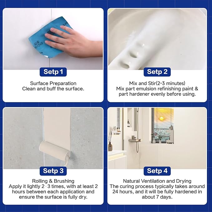 Tub and Tile Refinishing Kit with Tools, 35oz White Tile Paint Water Based & Low Odor, DIY Bathtub Paint, Easy to Use for Bathroom, Kitchen, Porcelain, Floor, Semi-Gloss White,50-60sq.ft