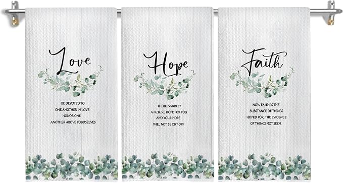 Faith Hope Love Christian Kitchen Towels, Sage Green Eucalyptus Religious Hand Towels for Bathroom Decor, Bible Verse Decor Dish Tea Towels for Kitchen Decor, 16x24 Inch Set of 3