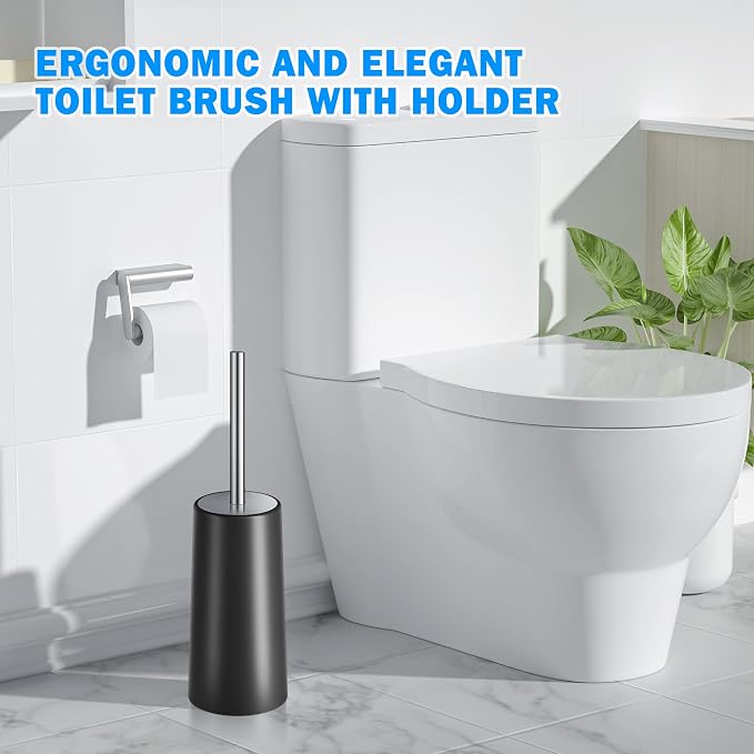 Toilet Brush and Holder, 2 Pack Toilet Brush with 304 Stainless Steel Long Handle, Toilet Bowl Brush for Bathroom Toilet-Ergonomic, Elegant,Durable (Black)
