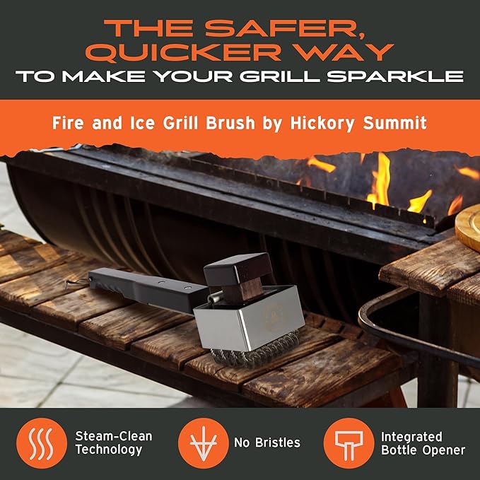 Steam Grill Brush Bristle-Free – Stainless Steel, No-Wire BBQ Grill Brush - Steams Ice as it Cleans Grates – 3 Lb., Heavy-Duty Cleaning Machine by Hickory Summit