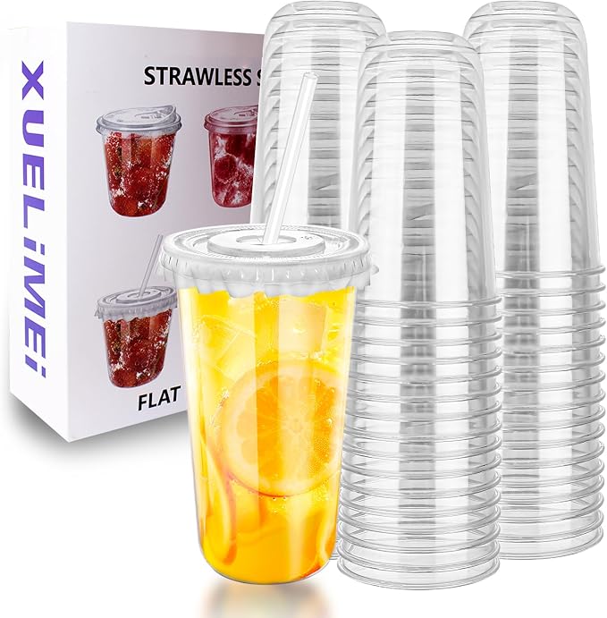 20oz Disposable Stemless Glasses with Flat Lids and Straws,PET Disposable Drinking Cups,Clear Plastic Wine Glasses for Parties Birthday,Wedding,Meeting,Christmas Party Supplies. (50, Transparent)