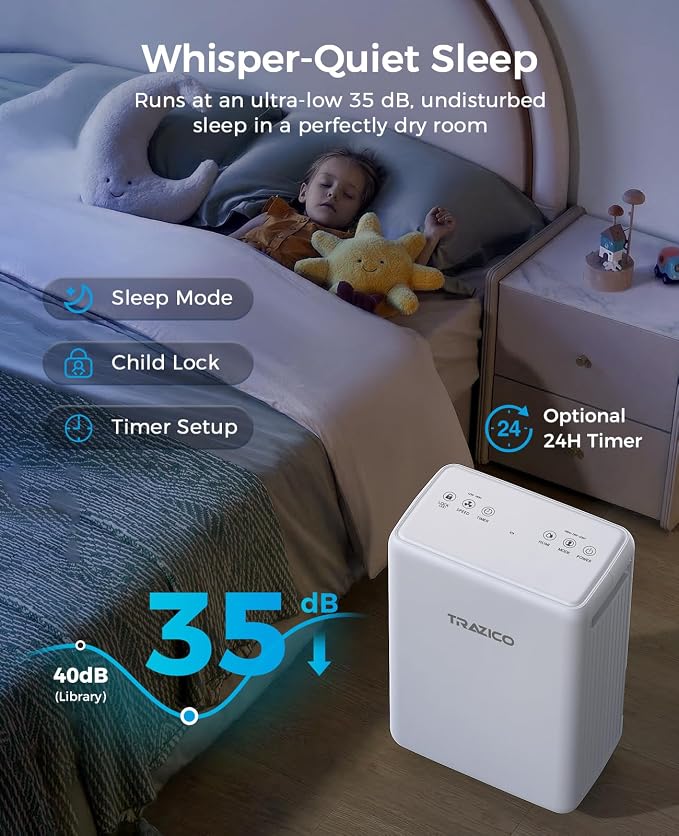 Trazico 30 Pint Dehumidifier for Basement with Drain Hose Up to 2000 Sq.Ft | Quiet Dehumidifiers for Home Large Room Bedroom Bathroom, Intelligent Humidistat, 3 Modes, 24H Timer, Auto Defrost