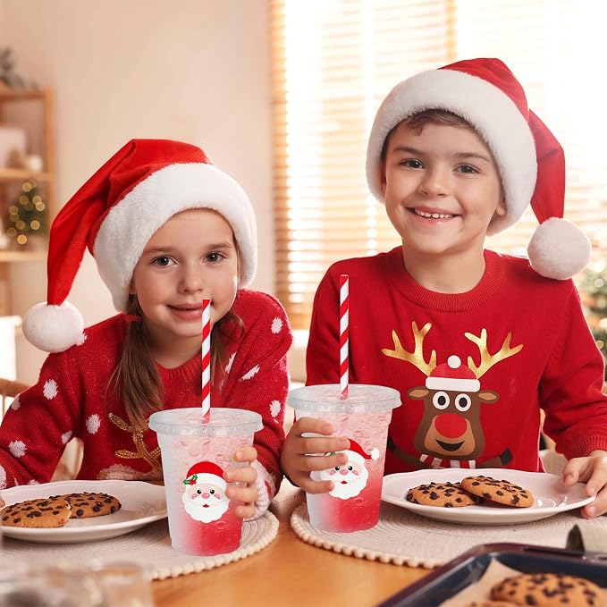 Whaline 50 Pcs 12 Oz Christmas Disposable Plastic Cups with Lids and Straws Santa Claus Face Cold Beverage Drinking Cups for Winter Xmas Birthday Party Supplies