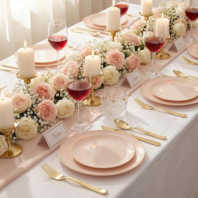 KIRE 175PCS Pink Plates Disposable - Heavy Duty Pink and Gold Plastic Plates Dinnerware Sets - 25 for Dinner 25 for Dessert 25 Pre Rolled Napkins 25Cups for Spring/Wedding/Party/Baby Shower