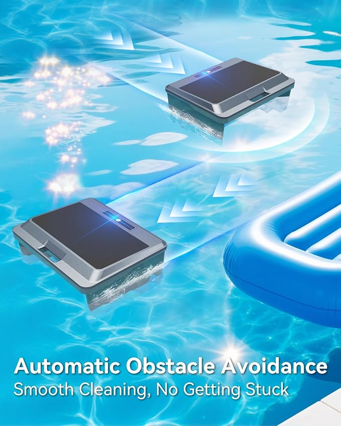 (2026 New) WAVIO Solar Powered Robotic Pool Skimmer Surface Cleaner with APP Support Dual Charging Options Smart Obstacle Avoidance 24/7 Continuous Cleaning Ideal for Above Ground Pools
