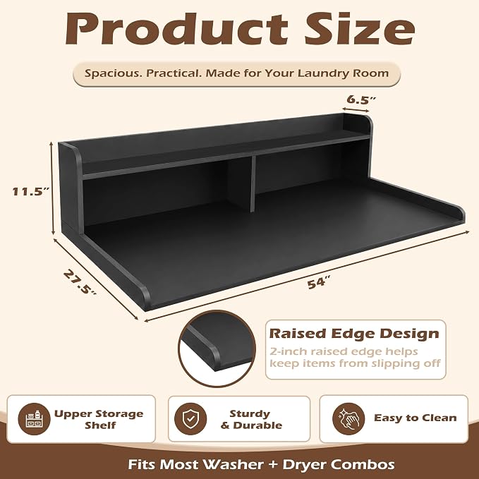 Royxen Laundry Countertop with 2-Tier Shelf Universal Fit, Washer and Dryer Countertop with Storage Space, Shelf Height 11.5 Inches, Solid Wood Core, Black