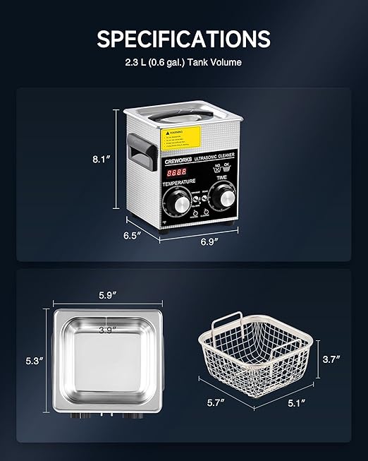 CREWORKS 2L Ultrasonic Cleaner with Degas & Gentle Modes, 60W Stainless Steel Ultrasonic Cleaner Machine with Heater and Timer, Ultrasonic Parts Cleaner with Knob Control for Jewelry Glasses Watch