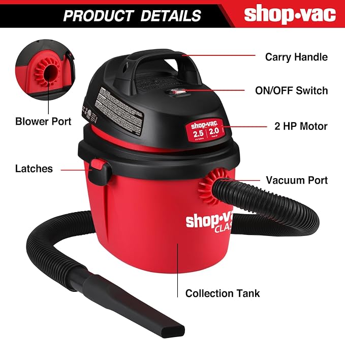 Shop-Vac 2.5 Gallon 2.0 Peak HP Wet/Dry Vacuum, Portable Compact Shop Vacuum with Top Handle, Wall Bracket & Attachments