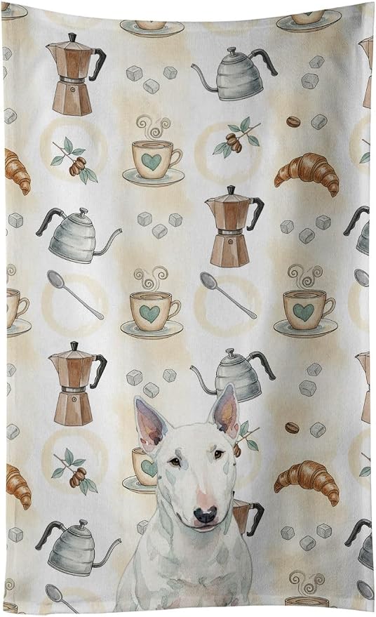 Caroline's Treasures White Miniature Bull Terrier Coffee Bar Kitchen Towel Velour Plush Front and Cotton Loop Back Machine Washable