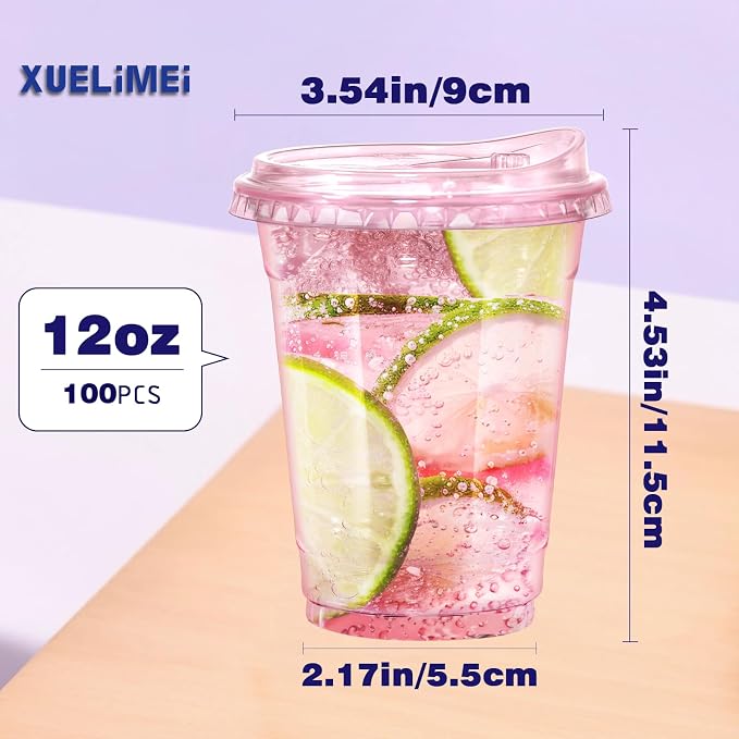 12oz Disposable Stemless Glasses With Strawless Sip Lids,PET Solo Disposable Cups ,Party Clear Plastic Wine Glasses for Parties Birthday,Wedding,Meeting,Christmas Party Supplies. (100, Pink)