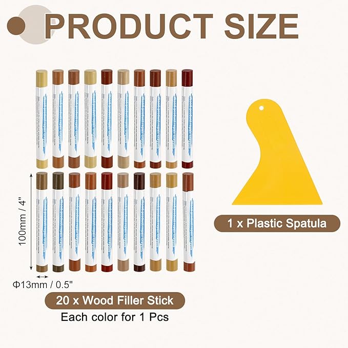 uxcell 20Pcs Wood Filler Sticks, Furniture Scratch Repair Wax Crayons Furniture Touch Up Markers Wood Repair Wax Kit with Spatula for Furniture, 20 Colors Mixed & Red Oak Series