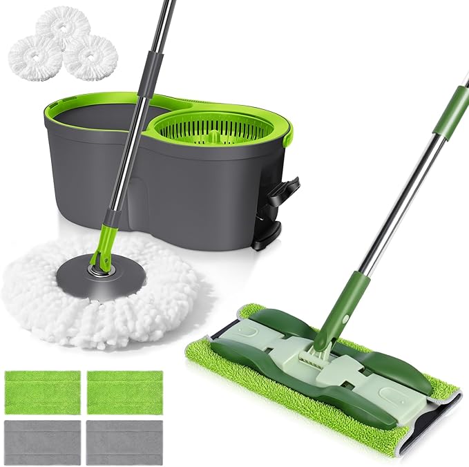 Masthome Microfiber Mops for Floor Cleaning with Washable Pads 4pcs,&Spin Mop Bucket System with 3 Mop Pads - Home & Office Suitable