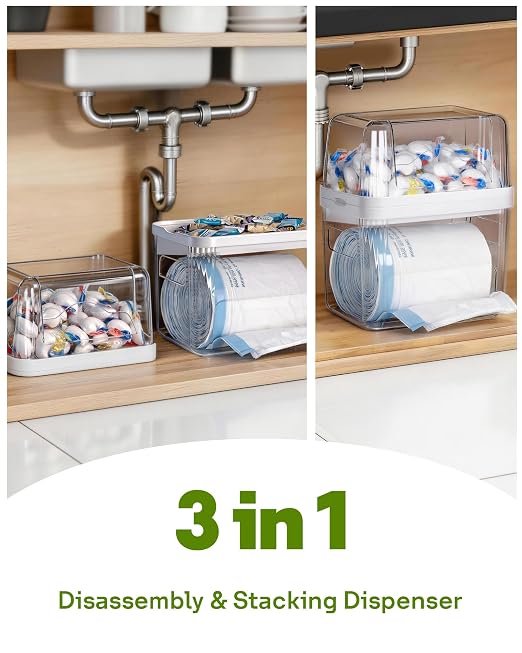 Kaen 3-in-1 Trash Bag and Laundry Pods Dispenser Dishwasher Pod Container | Clear Storage Bins with Lids for 13/30/33 Gallon Bags Under Sink Organizer for Laundry Room Organization