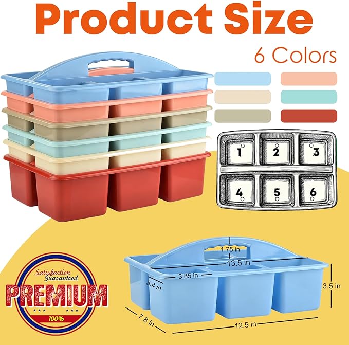 ALINK Plastic Classroom Caddy with 6 Compartments, 6-Pack Teacher Supply Storage Caddy Organizer for Classroom Supply, Office, Table, Desk, Craft Art, Pencil, Crayon, Marker - Macaron
