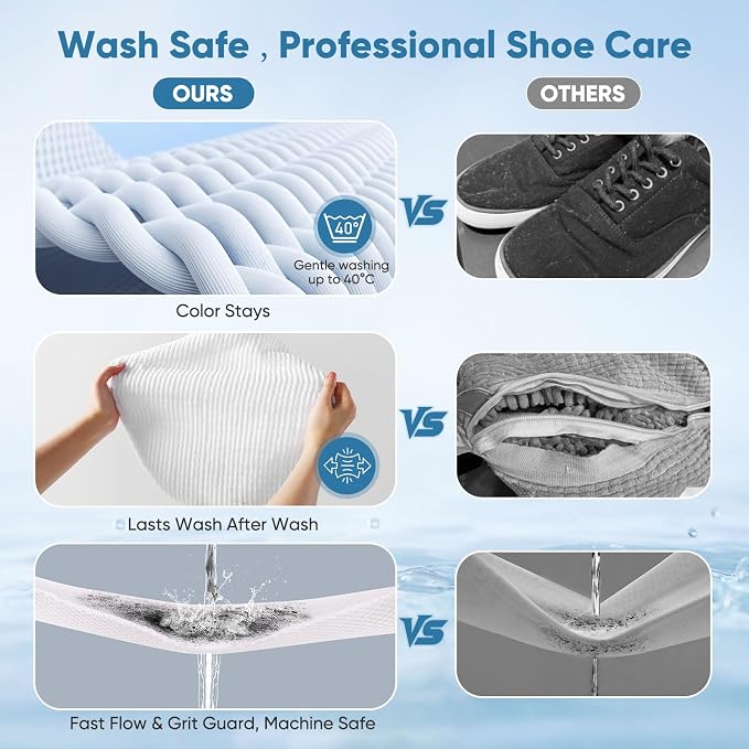 2PCS XXL Shoe Washing Machine Bag with Adjustable Shoes Trees - Heavy Duty Reusable Shoe Laundry Bag for Washer and Dryer - 360° Deep Clean & Protect Chenille Microfiber Sneakers Wash Bags - White