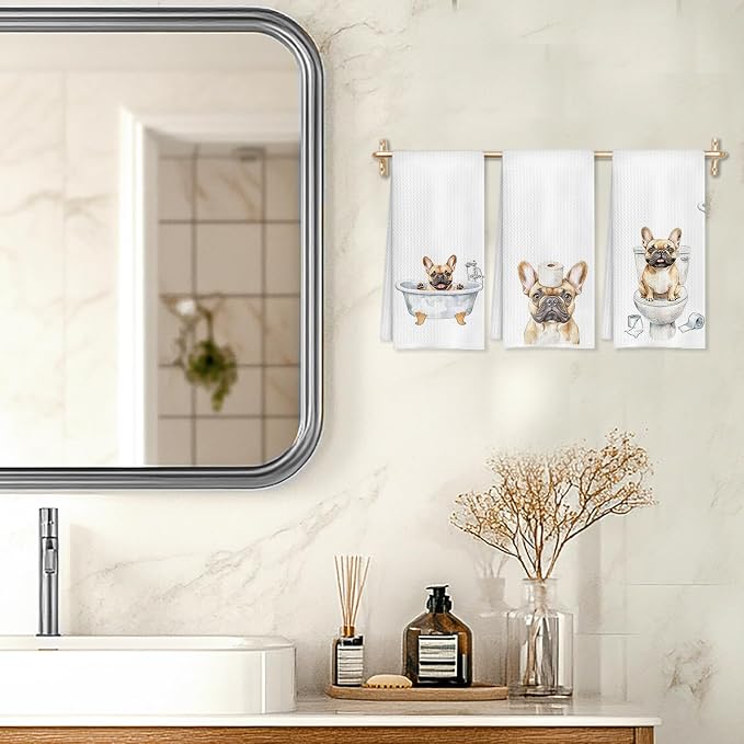 Funny French Bulldog Bathroom Decor Hand Towels Set of 3, French Bulldog Mom Gifts, Gifts for Bulldog Lovers, Kids Dog Bathroom Decor, 16x24 Inch