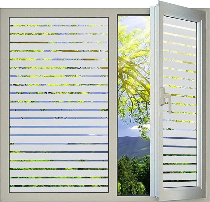 DERZGAO Window Privacy Film with Installation Tools,Stripe Window Film, Static Cling, Anti UV, Heat Control, Ideal for Home Shower Office Glass Door (Stripes Pattern, 45.2X157.4Inch)