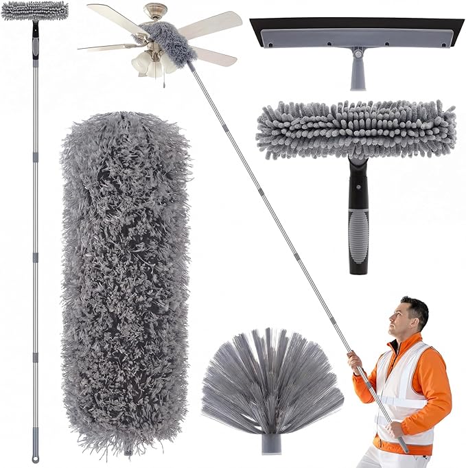 30 Feet High Reach Duster Kit with 2-24 ft Extension Pole High Ceiling Dusting and Window Cleaning Kit with Window Washer & Squeegee, Cobweb Duster, Washable Head for Ceiling Fan (Gray)