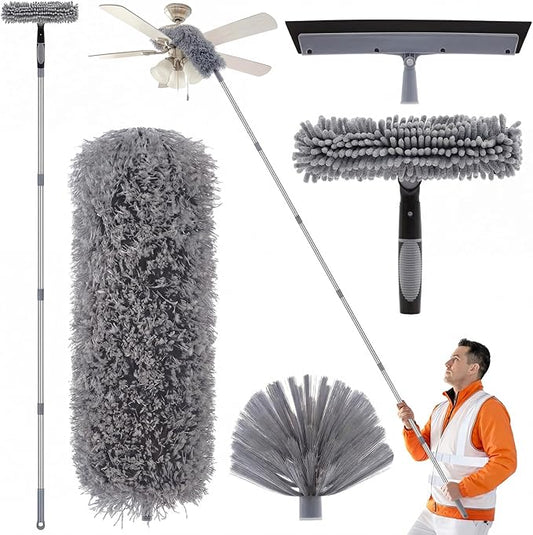 30 Feet High Reach Duster Kit with 2-24 ft Extension Pole High Ceiling Dusting and Window Cleaning Kit with Window Washer & Squeegee, Cobweb Duster, Washable Head for Ceiling Fan (Gray)