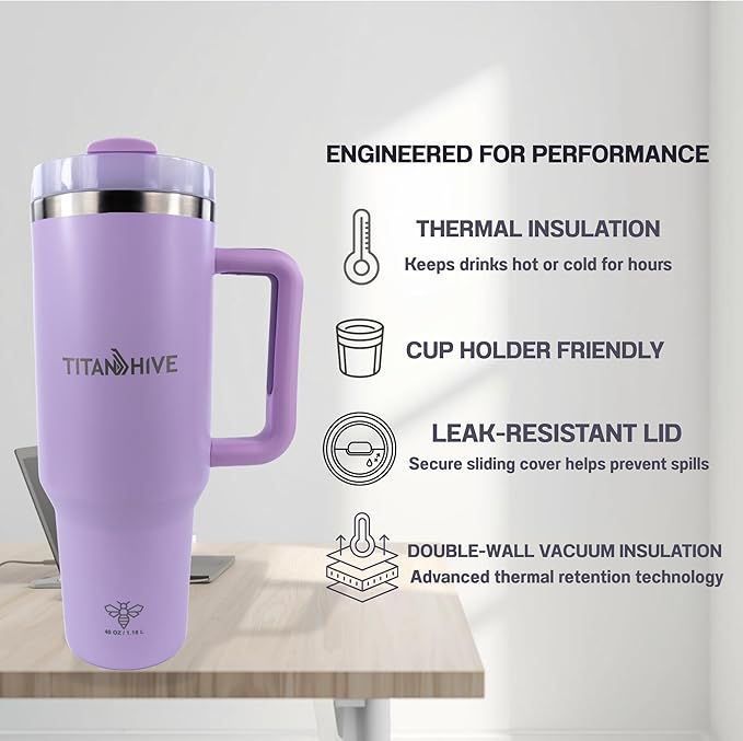 40 oz Insulated Stainless Steel Tumbler with Handle and Straw - Leak Resistant, Cup Holder Friendly Travel Mug (Purple)
