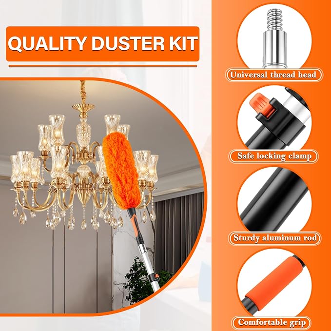 26FT High Ceiling Duster with Extension Pole, High Reach Duster Cleaning Kit, Ceiling Fan Cleaner Duster, Cobweb Dusters & Window Cleaning Squeegee Kit for Fan Blades, Furniture, Corner, Long Dusters