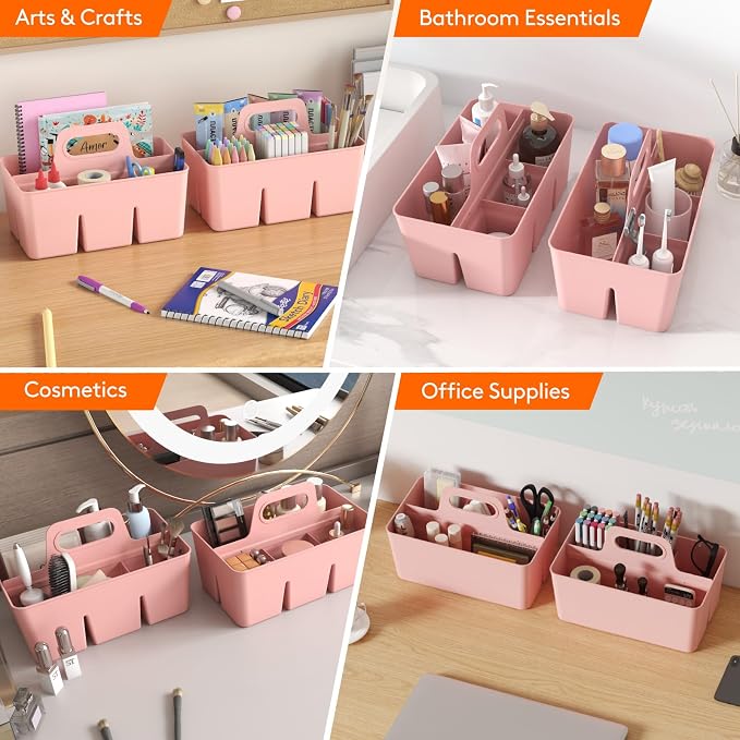 Lifewit 3-Pack Plastic Divided Caddy Organizer with Handle, Portable Art Supply Storage Organizer for Craft Supplies, Cosmetics, Holds Pencil, Crayon, Brushes, Hair Product, Dorm Shower Caddy, Pink