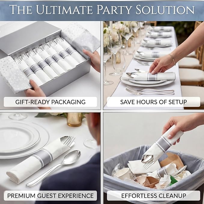 Liacere 100 Pack Silver Plastic Silverware-Pre Wrapped cutlery and Napkin-Pre Rolled Silverware Disposable 100 Forks, 100 Knives 100 Spoons, 100 Napkins Plastic Utensils＆Wedding