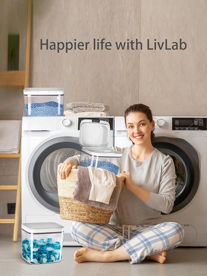 LivLab Mker Laundry detergent dispenser with One-Press Lid,Clear PET powder container with Measuring Cup, pods container 11L/25Lbs/400oz(540 Pods)