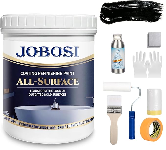 Waterbased Tile Paint and Tile Refinishing Kit 32.0 Fl Oz/50-55sq.ft Bathtub Bathroom wallPaint, Easy of Usecountertop sink Paint-Resurfacing Sink Tub waterproof Kitchen Countertop, Low Odor No Toxic (black)