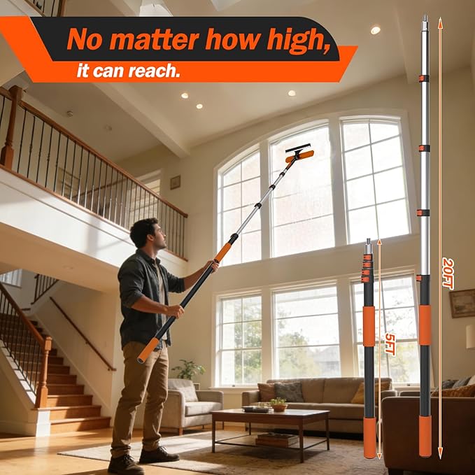 26FT Reach Telescopic Extension Pole, 5-20FT Paint Roller Extension Pole with Flip-Lock Design, Aluminum Alloy Threaded Head for Painting Cleaning Dusting & Window Washing Tools