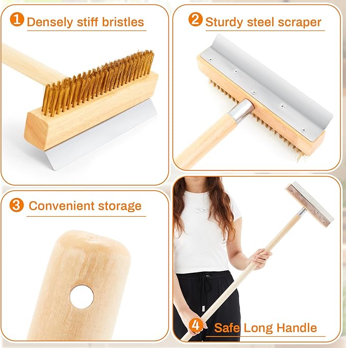 Reallnaive 2 Pack 37 Inch Wood Handle Pizza Oven Brush with Scraper Outdoor Pizza Oven Cleaning Brush Tool, Aluminum Threaded Tip, Brass Bristles with Steel Scraper