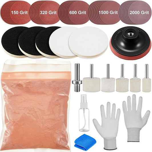 Teenyyou 55 Pcs Glass Polishing Kit Windshield Scratch Repair Kit Car Windscreen Glass Scratch Remover 120g Cerium Oxide Powder Wheels Polish Pads Sandpaper Window Repair Tool for Car Windscreen
