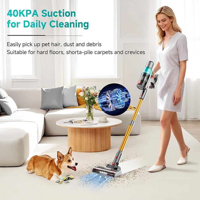 Cordless Vacuum Cleaner: 40KPA Powerful Suction Cordless Stick Vacuum Cleaners for Home, Anti-Tangle Brush, Lightweight, 6-in-1 Rechargeable Vacuum for Pet Hair/Low-Pile Carpet/Hard Floor-Green