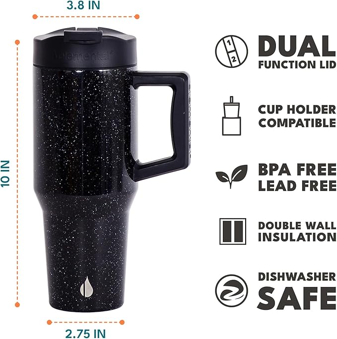 Elemental 32 oz 100% Leak Proof Tumbler with Handle & Straw - Stainless Steel Double Wall Insulated Tumbler for Hot and Cold Beverages - Travel Coffee Mug with Sip & Straw Lid - Black Speckle